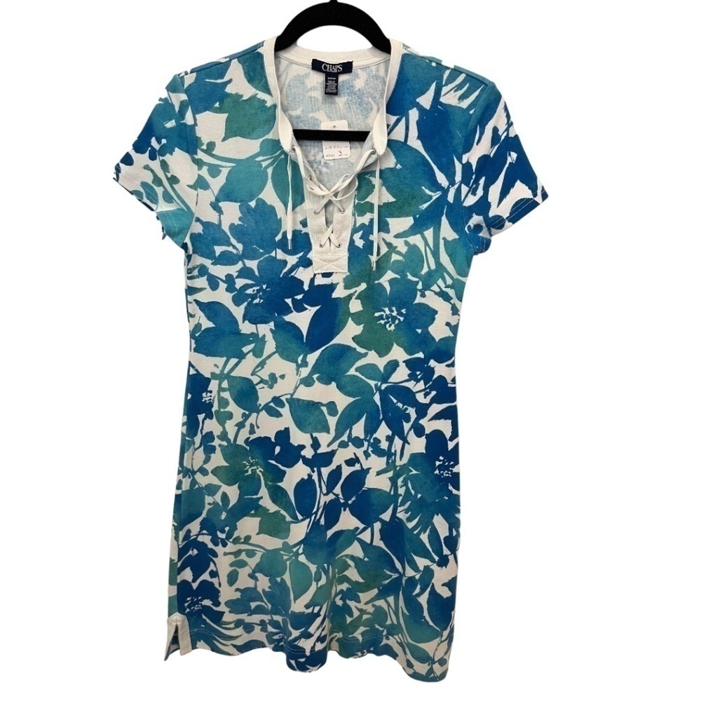 CHAPS Floral 100% Cotton Short Sleeve Green Blue Floral Dress Size Small
